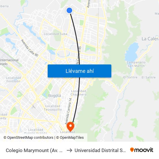 Colegio Marymount (Av. Boyacá - Cl 169b) to Universidad Distrital Sede Macarena B map