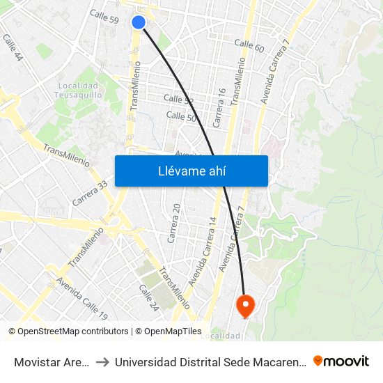 Movistar Arena to Universidad Distrital Sede Macarena B map