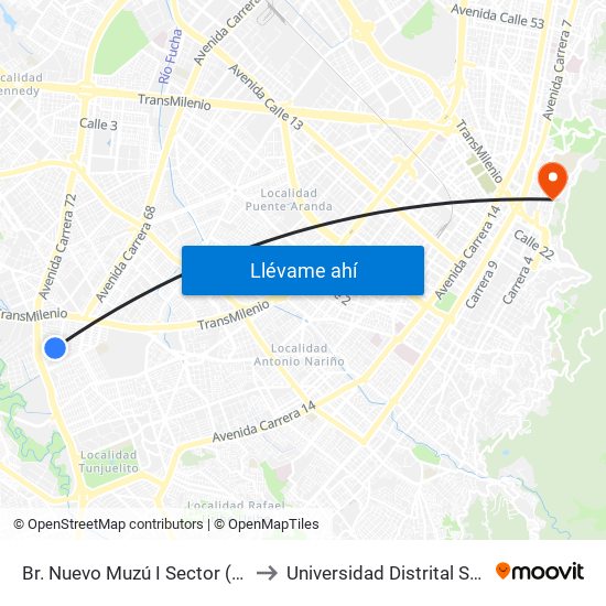 Br. Nuevo Muzú I Sector (Dg 51 Sur - Kr 54) to Universidad Distrital Sede Macarena B map