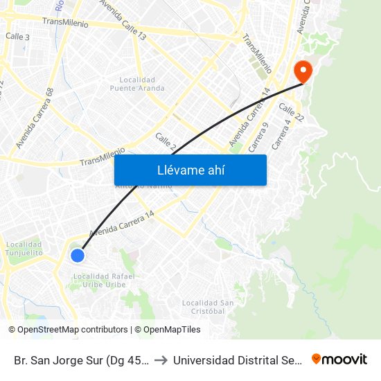 Br. San Jorge Sur (Dg 45b Sur - Tv 16b) to Universidad Distrital Sede Macarena B map