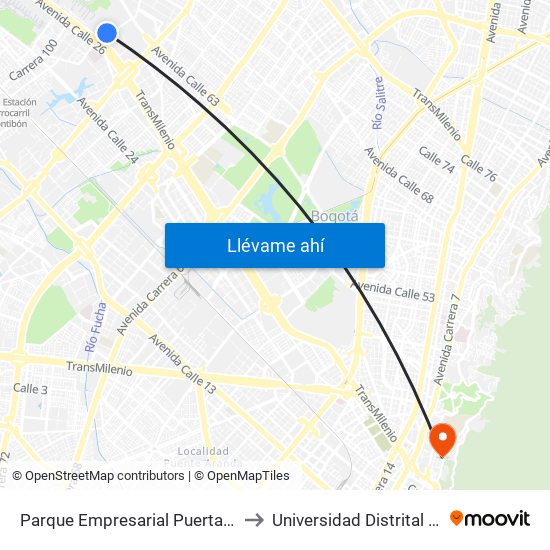 Parque Empresarial Puerta Del Sol (Tv 93 - Cl 51) to Universidad Distrital Sede Macarena B map