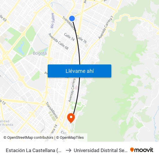 Estación La Castellana (Av. NQS - Cl 85a) to Universidad Distrital Sede Macarena B map