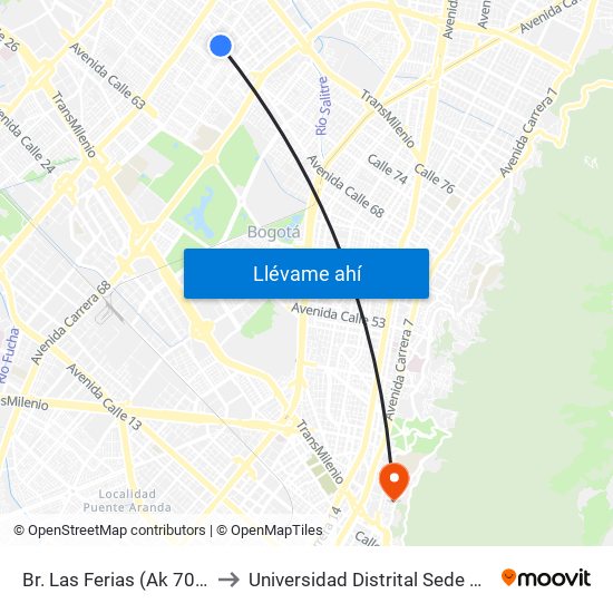 Br. Las Ferias (Ak 70 - Cl 71a) to Universidad Distrital Sede Macarena B map