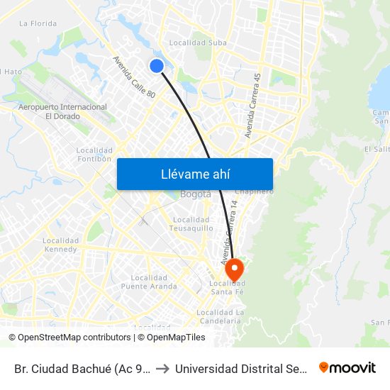 Br. Ciudad Bachué (Ac 90 - Kr 95f) (A) to Universidad Distrital Sede Macarena B map