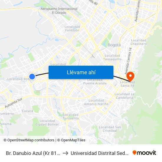 Br. Danubio Azul (Kr 81i - Cl 55 Sur) to Universidad Distrital Sede Macarena B map