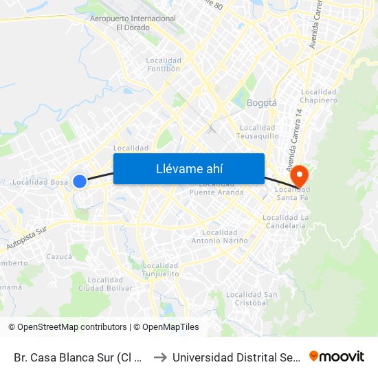 Br. Casa Blanca Sur (Cl 54 Sur - Kr 80d) to Universidad Distrital Sede Macarena B map