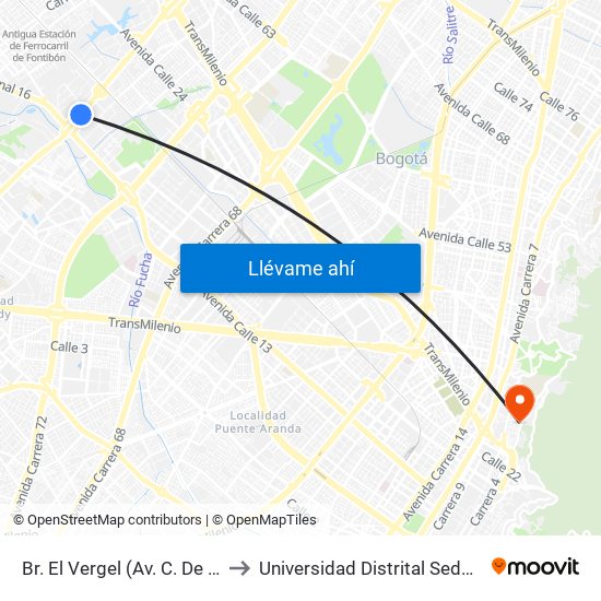 Br. El Vergel (Av. C. De Cali - Cl 18) to Universidad Distrital Sede Macarena B map