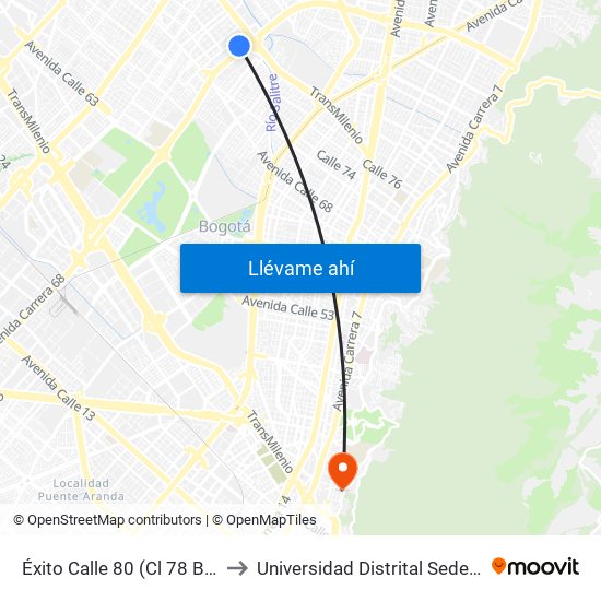 Éxito Calle 80 (Cl 78 Bis - Kr 68b) to Universidad Distrital Sede Macarena B map