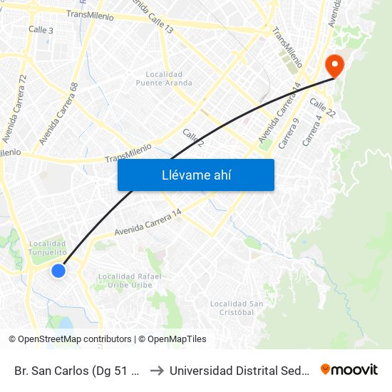 Br. San Carlos (Dg 51 Sur - Kr 18c) to Universidad Distrital Sede Macarena B map