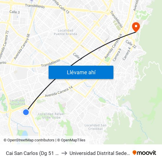 Cai San Carlos (Dg 51 Sur - Kr 18) to Universidad Distrital Sede Macarena B map