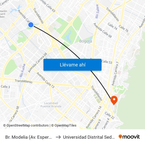 Br. Modelia (Av. Esperanza - Kr 74) to Universidad Distrital Sede Macarena B map