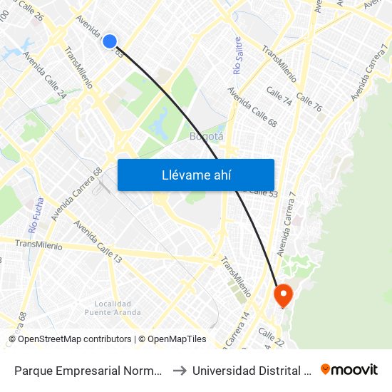 Parque Empresarial Normandía (Ac 63 - Kr 74a) to Universidad Distrital Sede Macarena B map