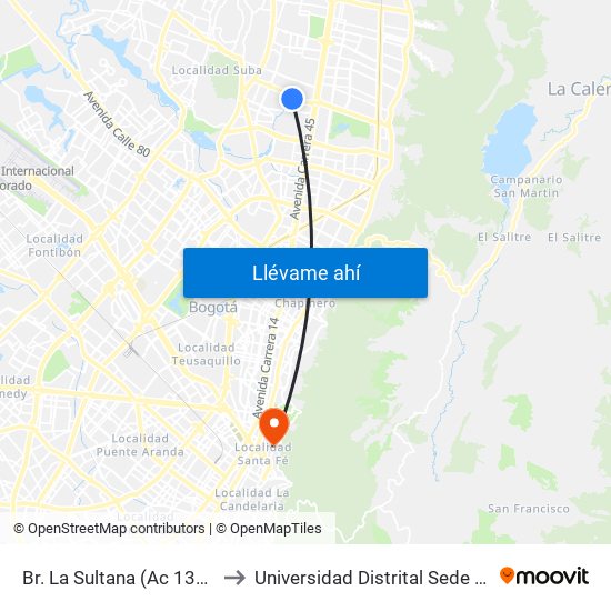 Br. La Sultana (Ac 134 - Kr 53b) to Universidad Distrital Sede Macarena B map