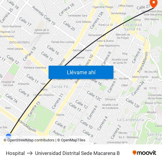 Hospital to Universidad Distrital Sede Macarena B map