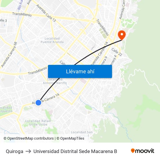 Quiroga to Universidad Distrital Sede Macarena B map