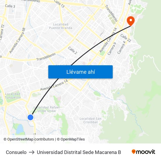 Consuelo to Universidad Distrital Sede Macarena B map