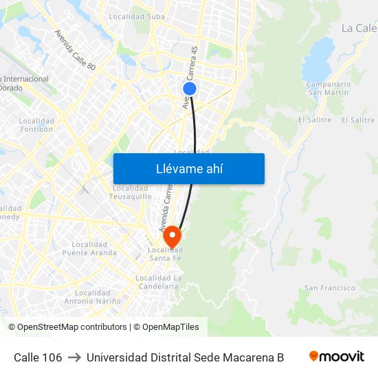 Calle 106 to Universidad Distrital Sede Macarena B map