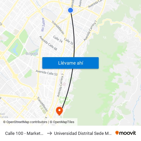 Calle 100 - Marketmedios to Universidad Distrital Sede Macarena B map