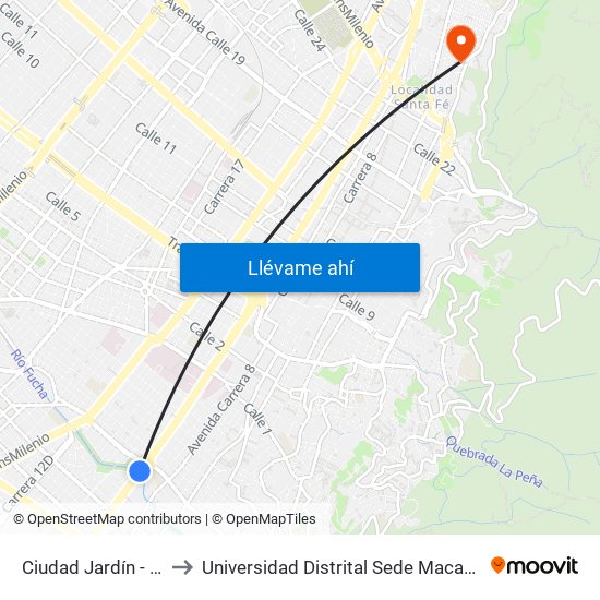 Ciudad Jardín - Uan to Universidad Distrital Sede Macarena B map