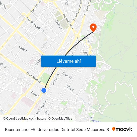 Bicentenario to Universidad Distrital Sede Macarena B map