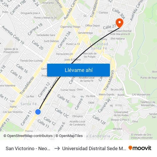 San Victorino - Neos Centro to Universidad Distrital Sede Macarena B map