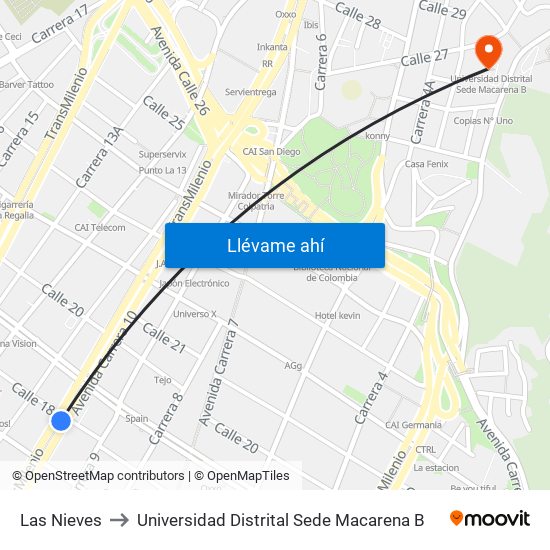 Las Nieves to Universidad Distrital Sede Macarena B map