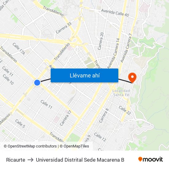 Ricaurte to Universidad Distrital Sede Macarena B map