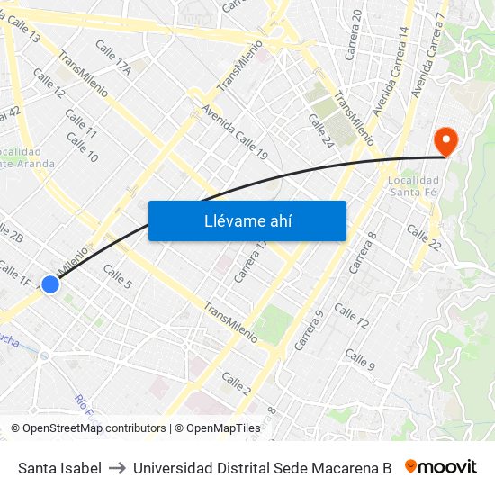 Santa Isabel to Universidad Distrital Sede Macarena B map