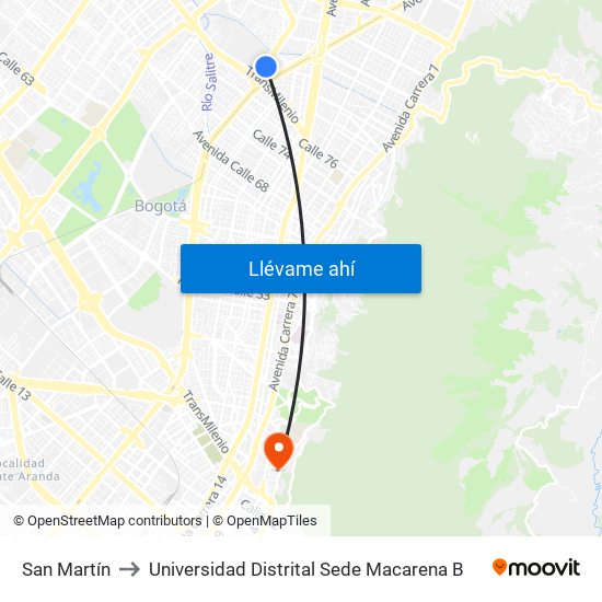 San Martín to Universidad Distrital Sede Macarena B map