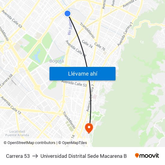 Carrera 53 to Universidad Distrital Sede Macarena B map