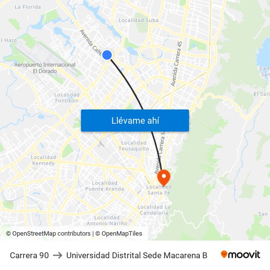 Carrera 90 to Universidad Distrital Sede Macarena B map