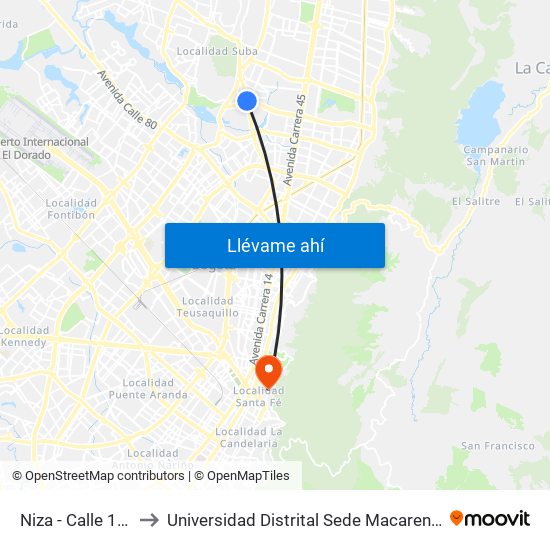 Niza - Calle 127 to Universidad Distrital Sede Macarena B map