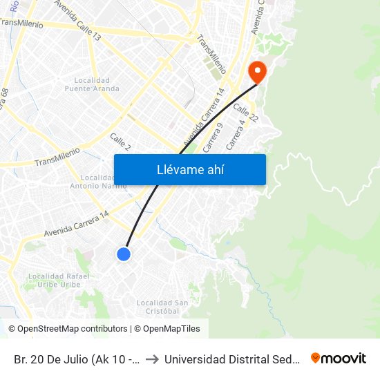 Br. 20 De Julio (Ak 10 - Cl 27a Sur) to Universidad Distrital Sede Macarena B map