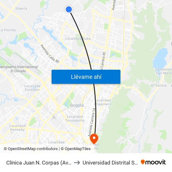 Clínica Juan N. Corpas (Av. Corpas - Cl 159a) to Universidad Distrital Sede Macarena B map
