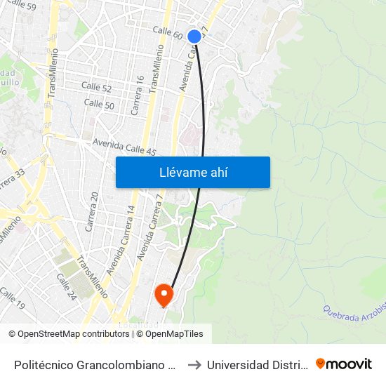 Politécnico Grancolombiano City Campus  - Calle 61 - Carrera 9 to Universidad Distrital Sede Macarena B map