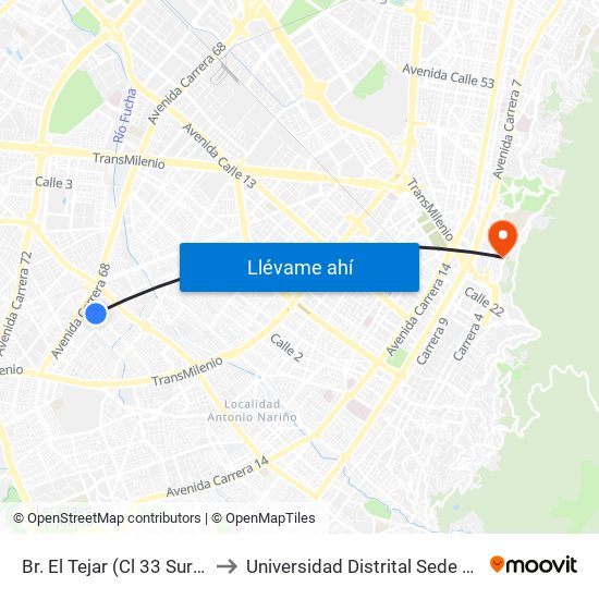 Br. El Tejar (Cl 33 Sur - Kr 52b) to Universidad Distrital Sede Macarena B map