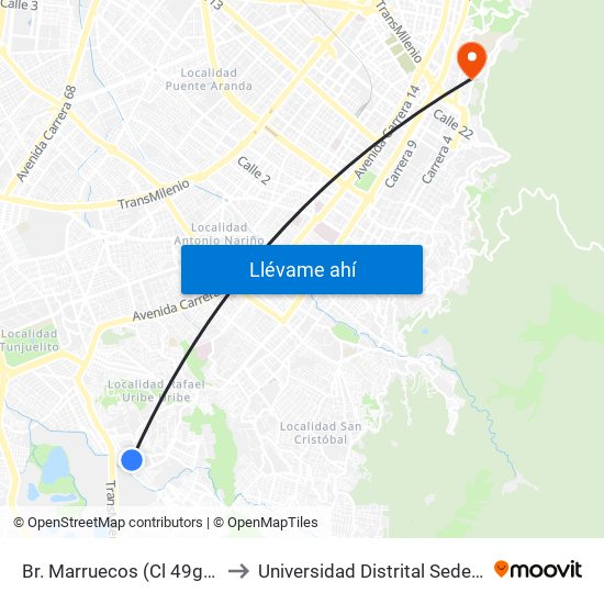 Br. Marruecos (Cl 49g Sur - Kr 5t) to Universidad Distrital Sede Macarena B map