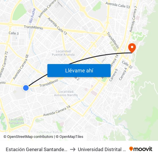 Estación General Santander (Dg 39a Sur - Tv 42) to Universidad Distrital Sede Macarena B map