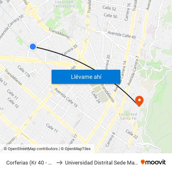 Corferias (Kr 40 - Cl 22a) to Universidad Distrital Sede Macarena B map