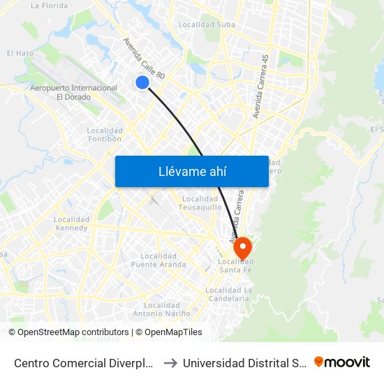Centro Comercial Diverplaza (Kr 96 - Cl 71c) to Universidad Distrital Sede Macarena B map