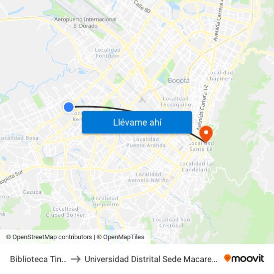 Biblioteca Tintal to Universidad Distrital Sede Macarena B map