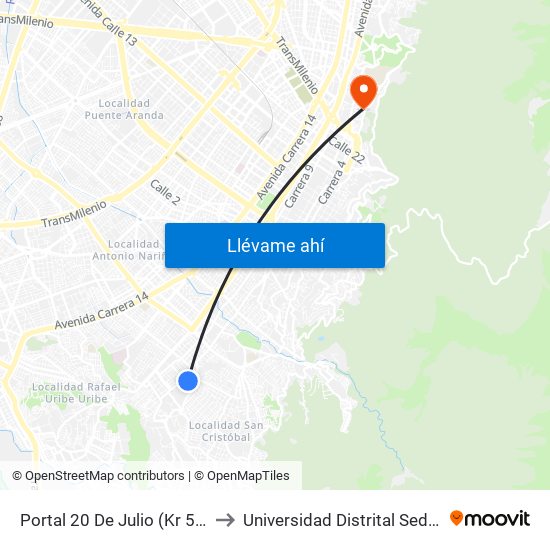 Portal 20 De Julio (Kr 5 - Cl 30a Sur) to Universidad Distrital Sede Macarena B map