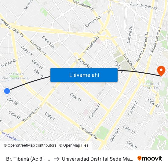 Br. Tibaná (Ac 3 - Kr 38) to Universidad Distrital Sede Macarena B map