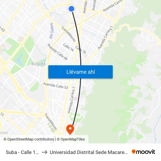 Suba - Calle 100 to Universidad Distrital Sede Macarena B map