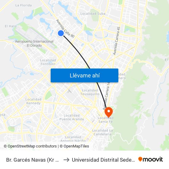 Br. Garcés Navas (Kr 104 - Cl 73) to Universidad Distrital Sede Macarena B map