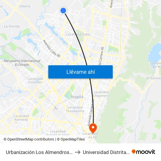 Urbanización Los Almendros Norte (Cl 152b - Kr 114d) to Universidad Distrital Sede Macarena B map