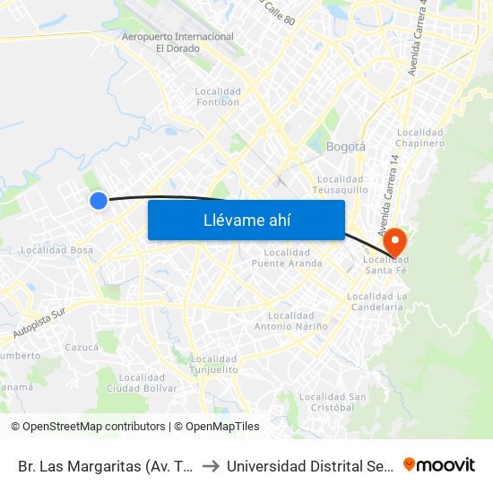 Br. Las Margaritas (Av. Tintal - Cl 49 Sur) to Universidad Distrital Sede Macarena B map