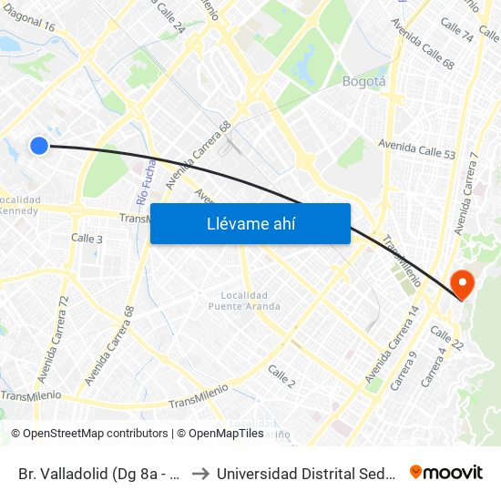 Br. Valladolid (Dg 8a - Av. A. Mejía) to Universidad Distrital Sede Macarena B map