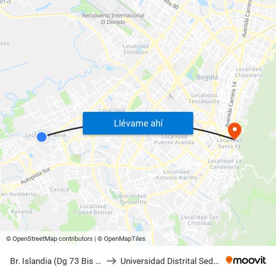 Br. Islandia (Dg 73 Bis Sur - Kr 83a) to Universidad Distrital Sede Macarena B map