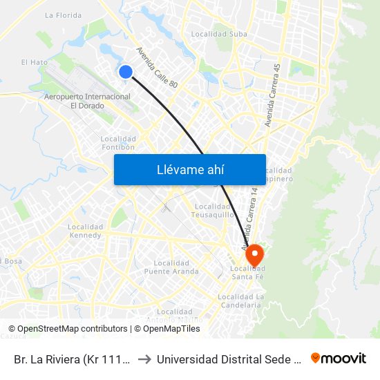 Br. La Riviera (Kr 111c - Cl 70f) to Universidad Distrital Sede Macarena B map